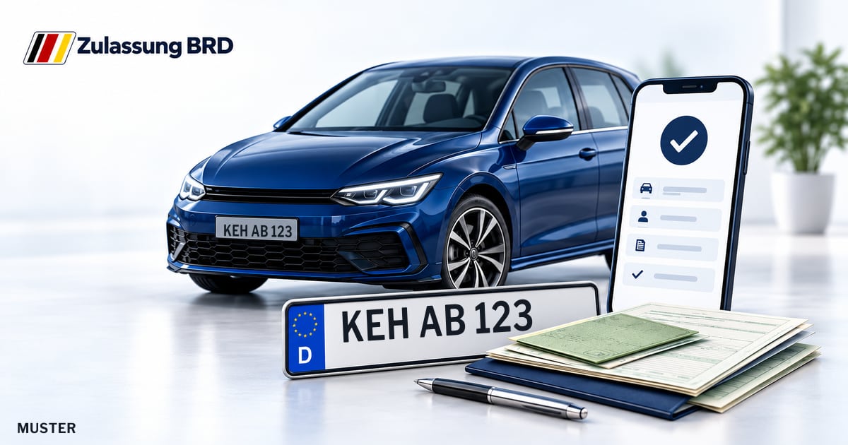 Online Fahrzeugzulassung in Kelheim: Musterkennzeichen KEH AB 123, Auto und Fahrzeugpapiere und Smartphone. Illustration mit Logo von Zulassung BRD.